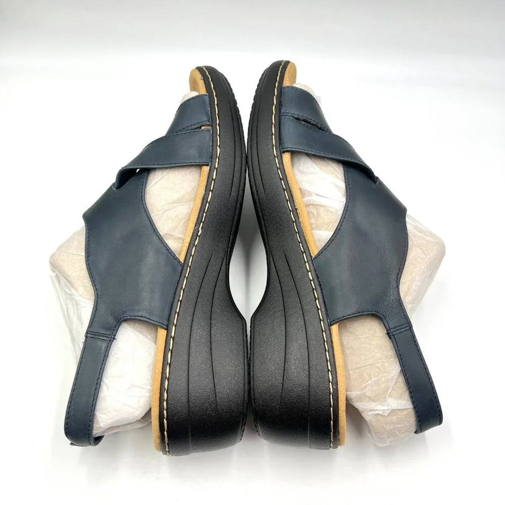 Clarks‎ Womens Size 12 Merliah Echo Navy Blue Leather Low Wedges Sandals Shoes